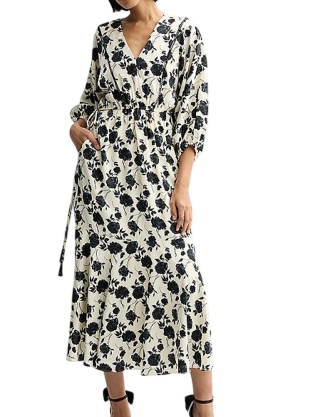 TAYLOR Womens Blouson Satin Floral Midi Dress~Size2~Cream with Black NWT L17 03
